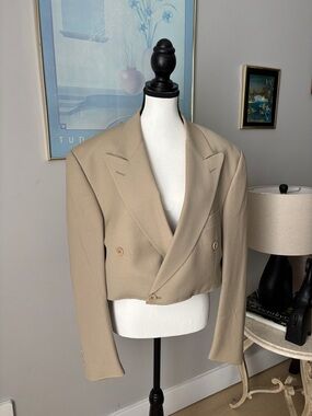 Cropped Double-Breasted Blazer in Beige